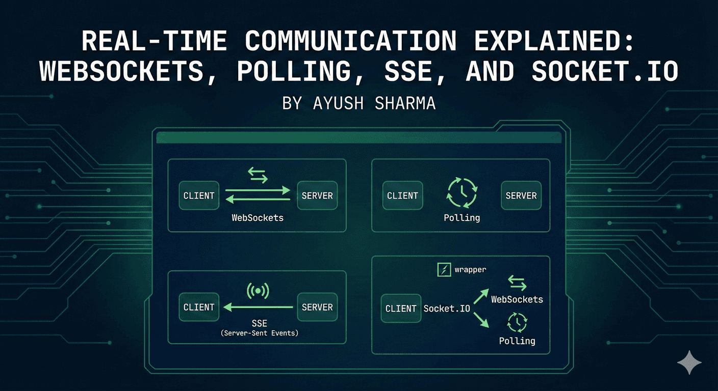 Real-Time Communication Explained: WebSockets, Polling, SSE, and Socket.IO - Blog cover image